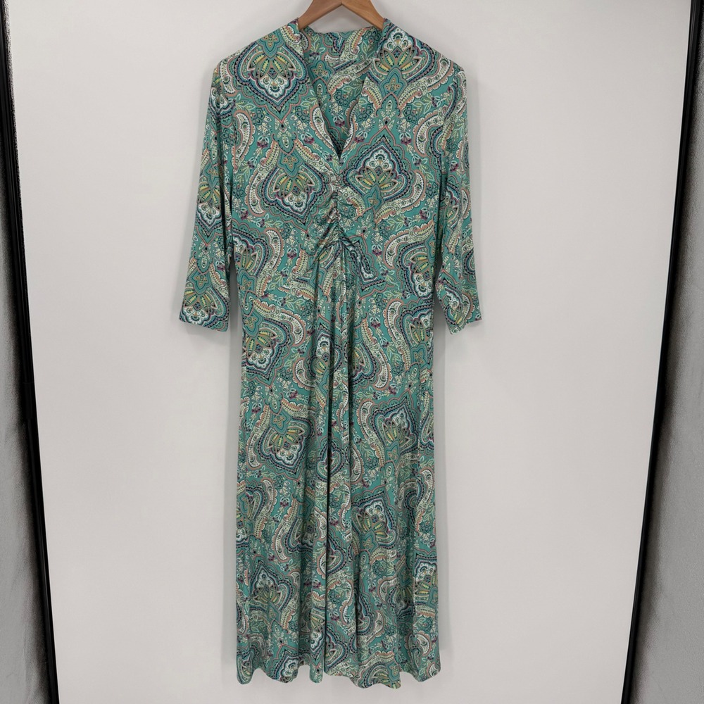 Soft Surroundings Aziza Paisley Midi Dress Turquoise Ruched Bust Medium